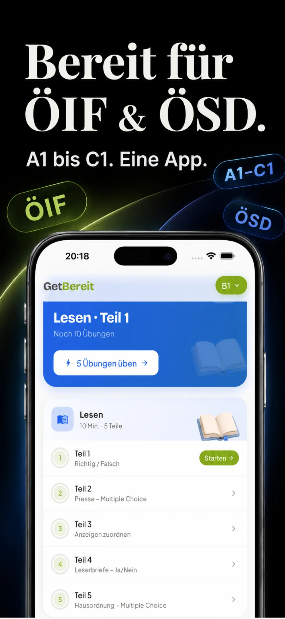 GetBereit App: Übersicht der Prüfungsteile für Lesen auf Niveau B1