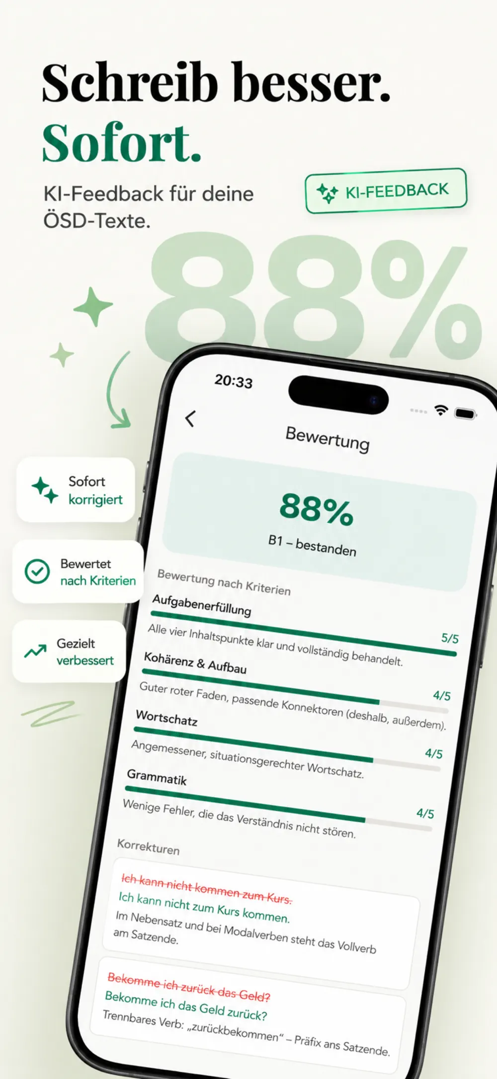 GetBereit App: KI-Bewertung eines Schreibtexts mit 88 Prozent und Korrekturen
