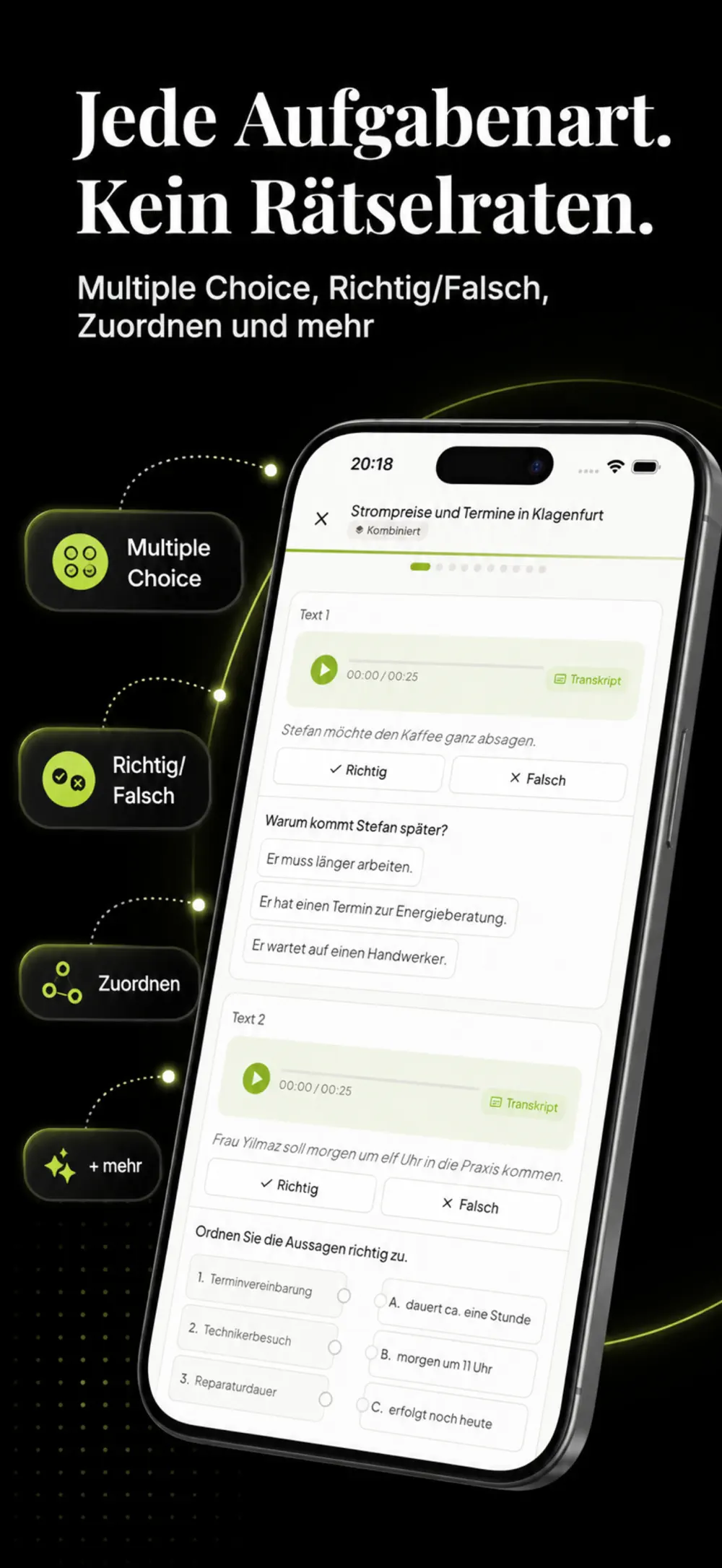 GetBereit App: Höraufgabe mit Richtig/Falsch- und Zuordnungsfragen