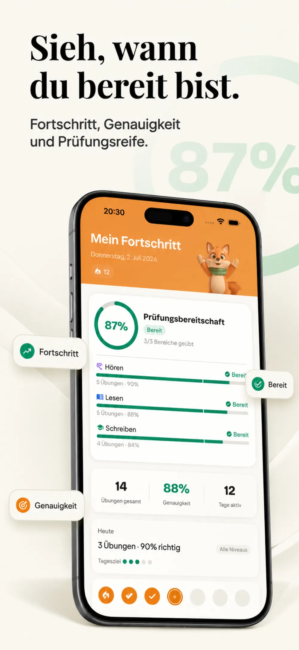 GetBereit App: Fortschrittsanzeige mit Prüfungsbereitschaft und Tagesserie