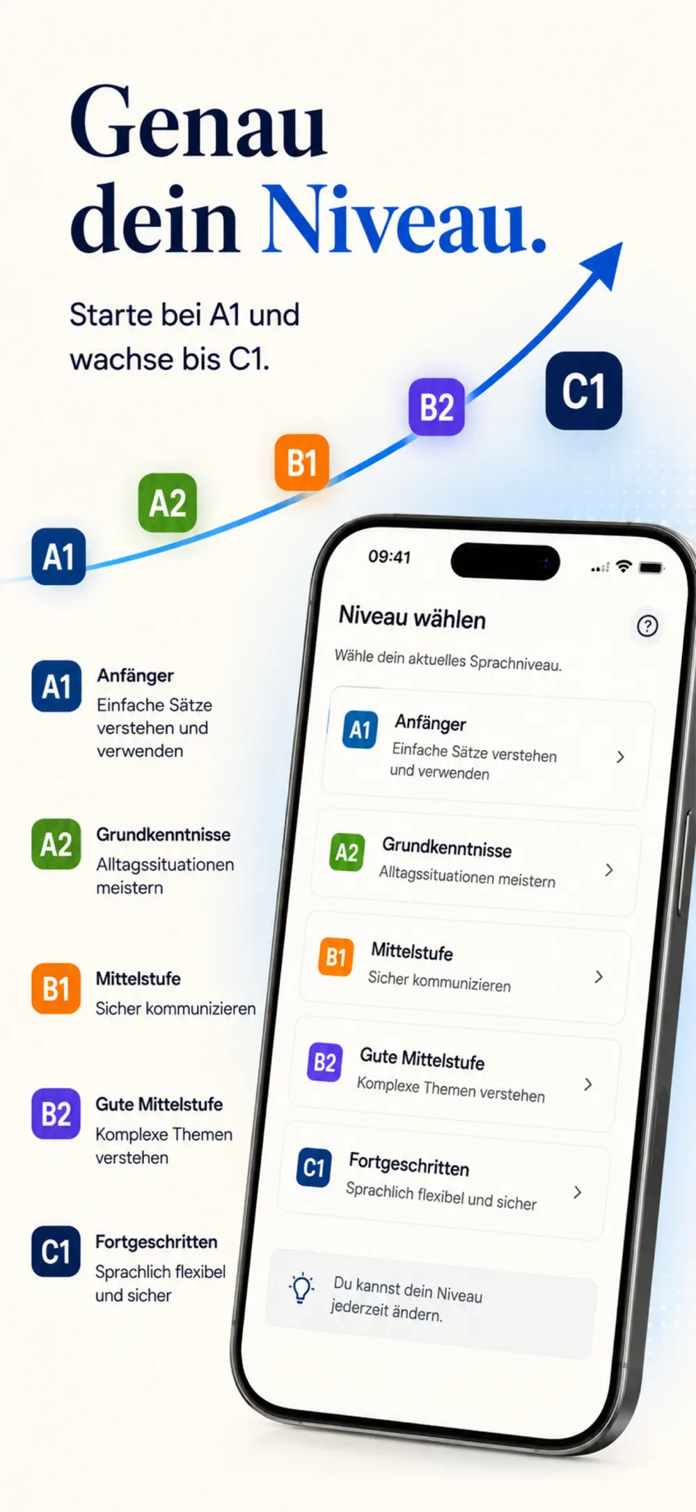 GetBereit App: Auswahl des Sprachniveaus von A1 bis C1